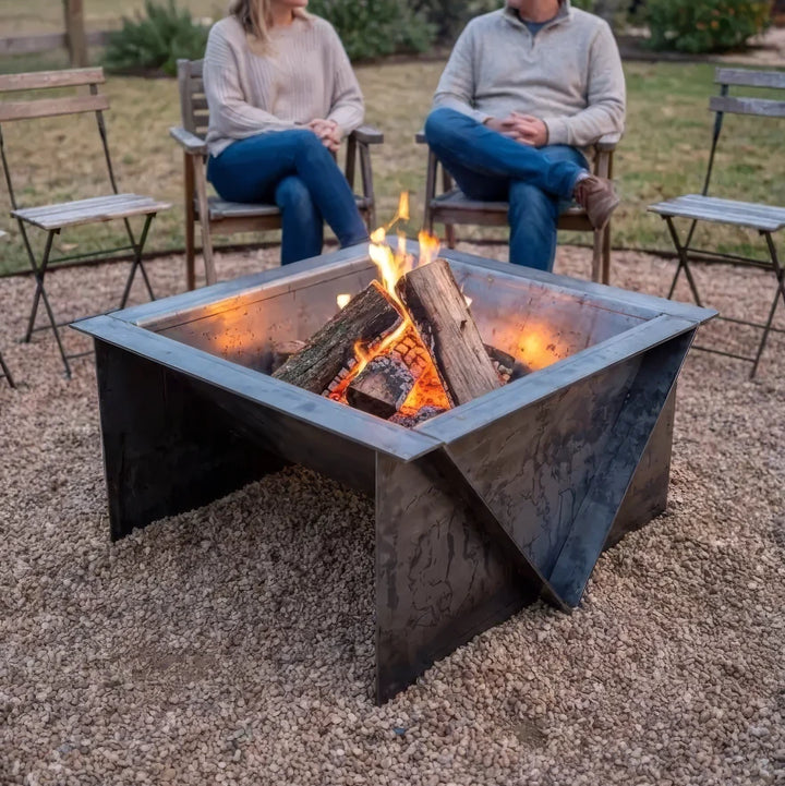 Logs burning in the fire pit on pea gravel with two people in chairs
