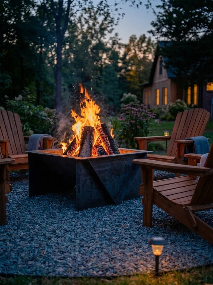 Bonfire burning at dusk with Adirondack chairs
