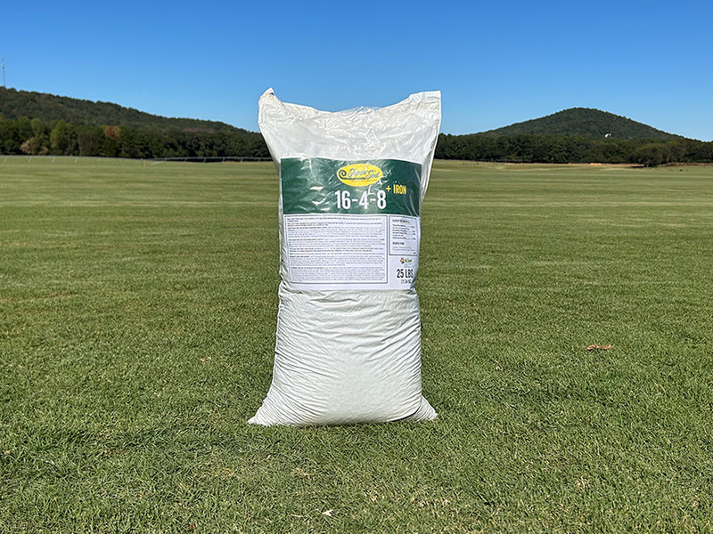 Super-Sod's 16-4-8 plus iron fertilizer shipped in a 25 lb bag 