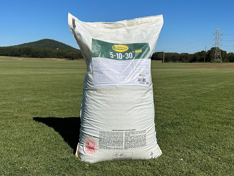 Super-Sod's 5-10-30 starter formulation for fertilizing lawns in 50 lb bag