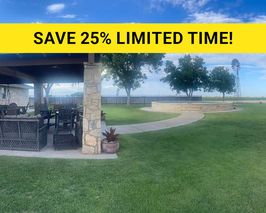 A large yellow banner across the top reads 'SAVE 25%! LIMITED TIME' in black text. The underlying photo shows an outdoor patio area surrounded by a lush Palisades Zoysia lawn.