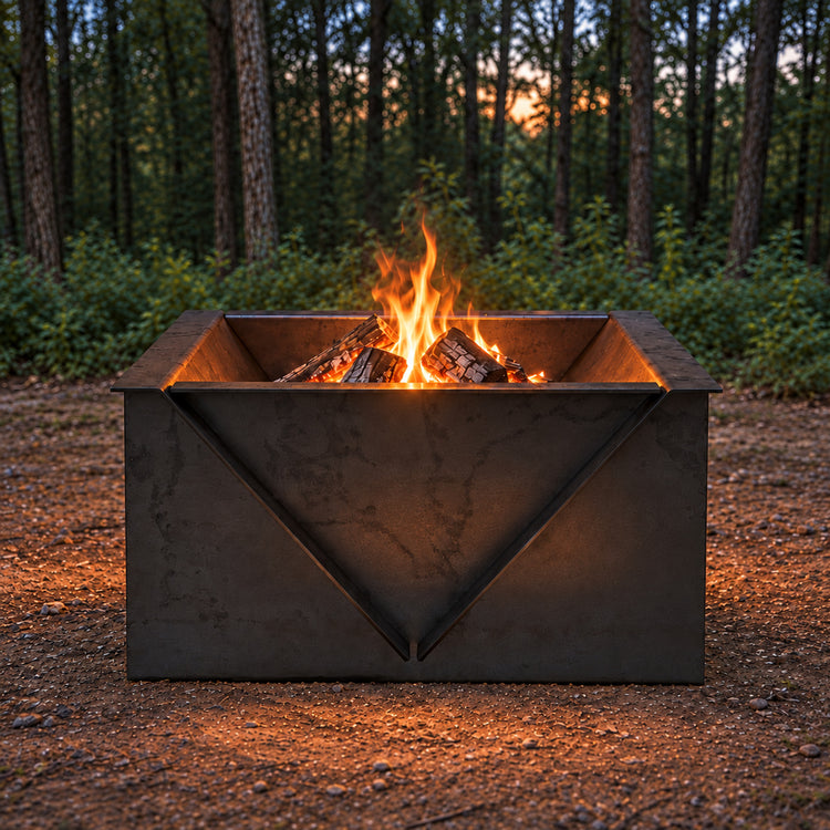 Campfire burning at dusk in a wooded yard