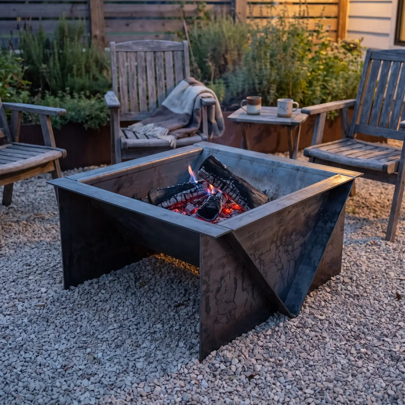 Edge Right fire pit at dusk on a gravel patio with chairs
